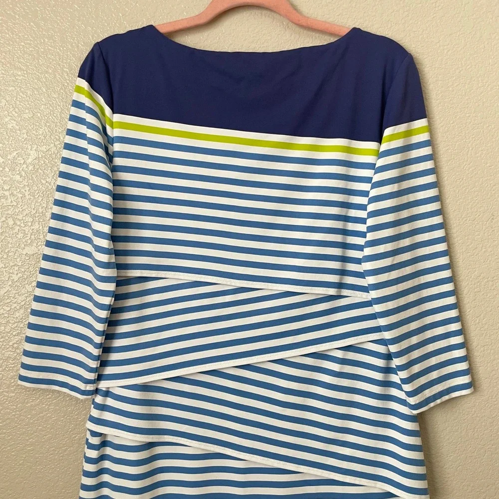 J. McLaughlin Dress Womens Large Blue Catalina Cloth Striped 3/4 Sleeve‎ Layered